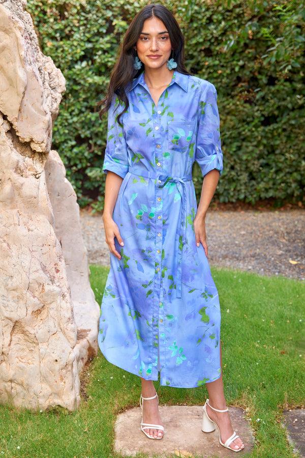 finley Alex Long tie front dress with self belt purple multi print