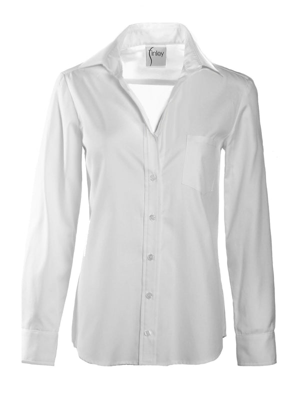 Finley Alex White Poplin Long Sleeve Blouse With A Front Pocket And Relaxed Contour