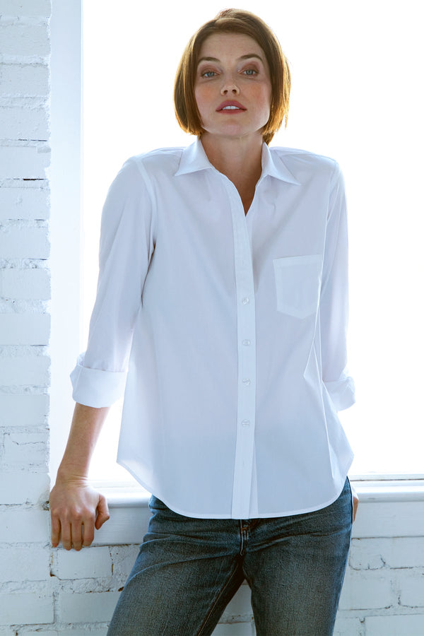 Finley Alex White Poplin Long Sleeve Blouse With A Front Pocket And Relaxed Contour