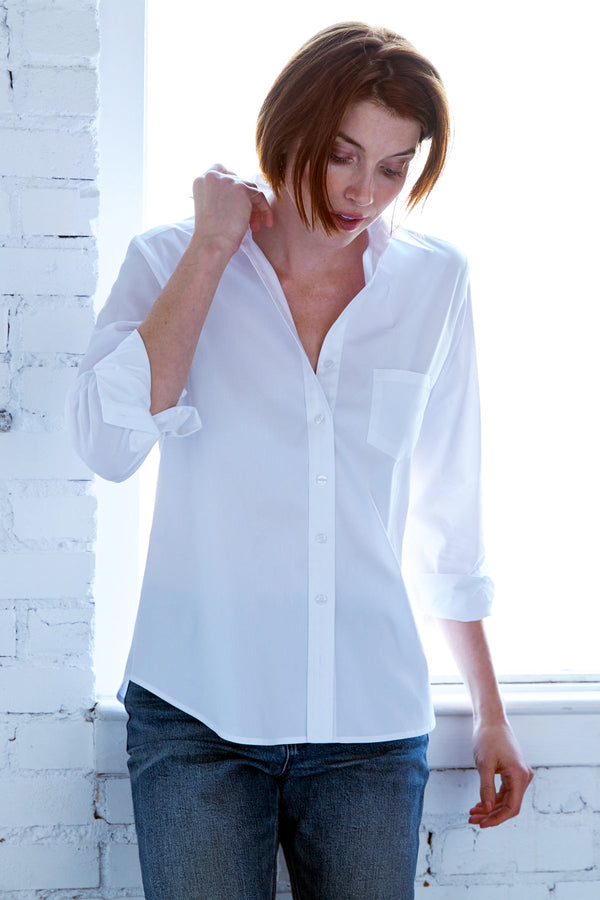 Finley Alex White Poplin Long Sleeve Blouse With A Front Pocket And Relaxed Contour