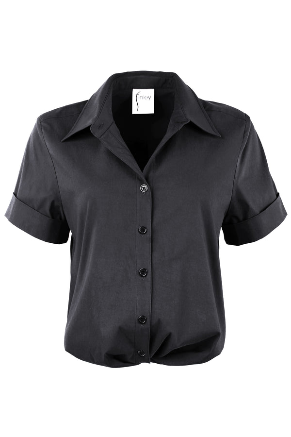 Finley Alli Black Stretch Shirt With A Front-twist Hem And Short Cuffed Sleeves