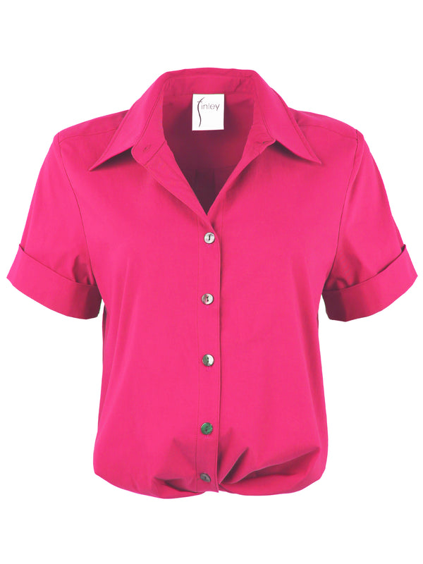 finley Alli Fuchsia pink stretch shirt with a front-twist hem and short cuffed sleeves