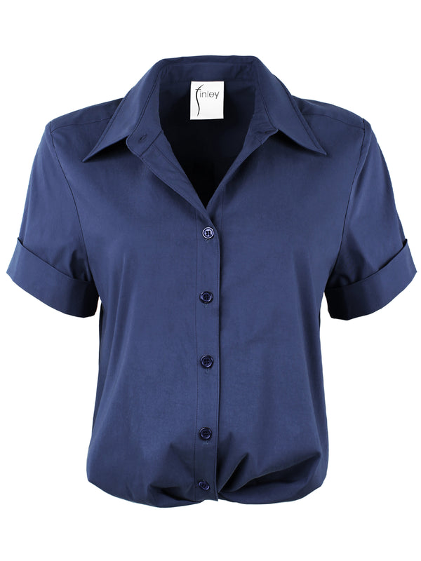 Finley Alli Navy Blue Stretch Shirt With A Front-twist Hem And Short Cuffed Sleeves
