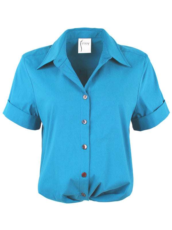 finley Alli Turquoise blue stretch shirt with a front-twist hem and short cuffed sleeves