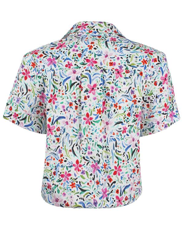 Finley Alli White And Pink Floral Shirt With A Front-twist Hem And Short Cuffed Sleeves
