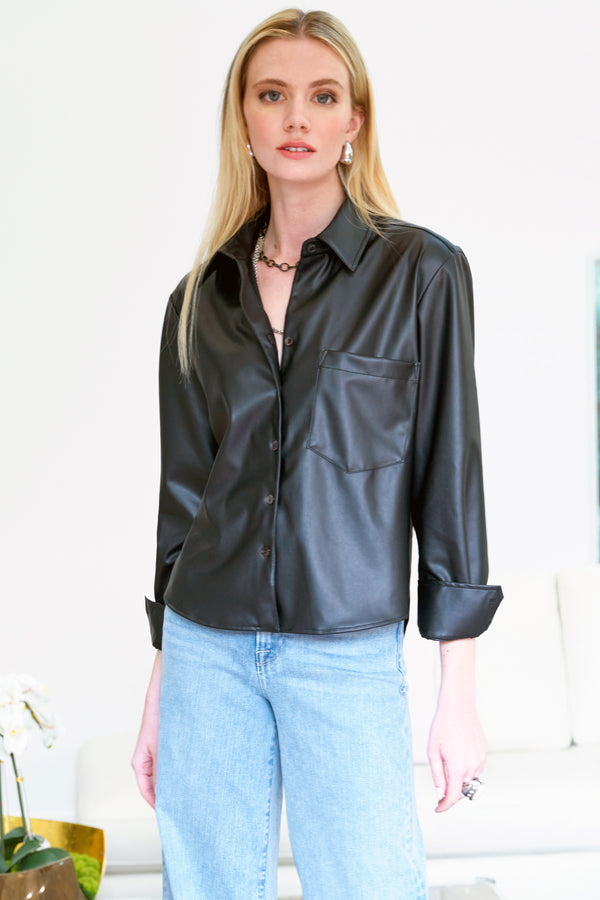 finley Andie Cropped black faux leather shirt/jacket with a shirttail hem