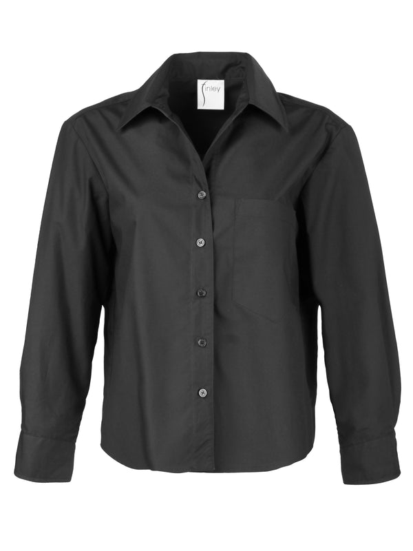 Finley Andie Cropped Black Poplin Blouse With A Shirttail Hem