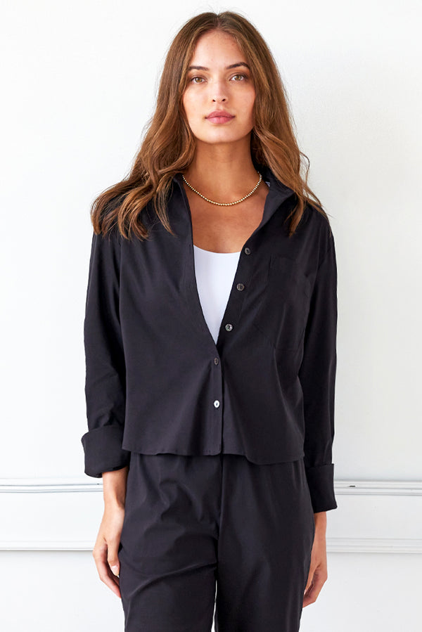 finley Andie Cropped black poplin blouse with a shirttail hem finley Andie Cropped black poplin blouse with a shirttail hem
