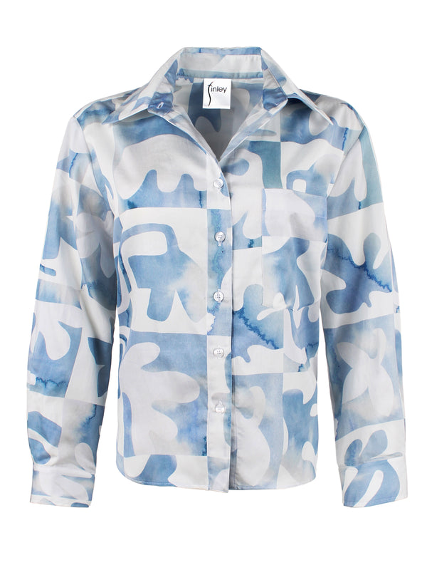 Finley Andie Cropped Blue And White Print Blouse With A Shirttail Hem