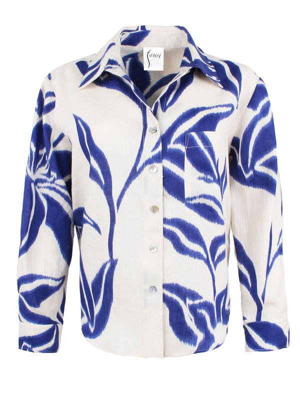 Finley Andie Cropped Blue Print Linen Blouse With A Shirttail Hem