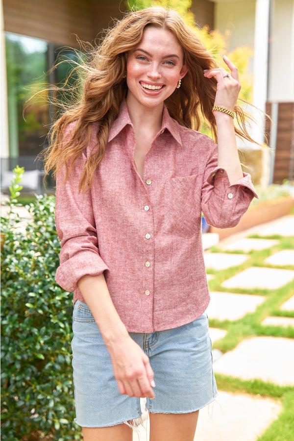 finley Andie Cropped hemp/cotton blend blouse with a shirttail hem