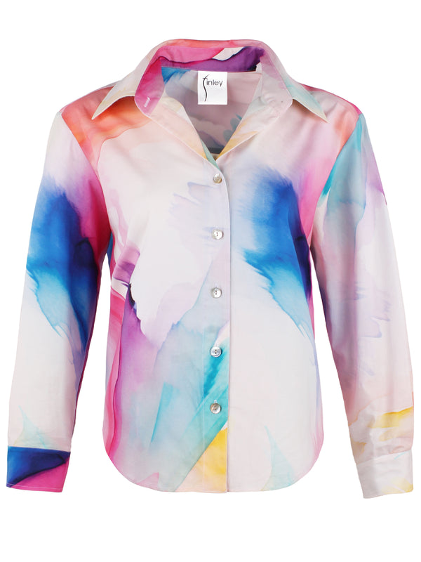 Finley Andie Cropped Multicolor Print Blouse With A Shirttail Hem