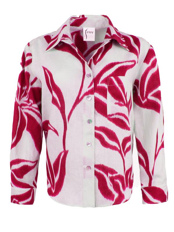 Finley Andie Cropped Pink Print Linen Blouse With A Shirttail Hem