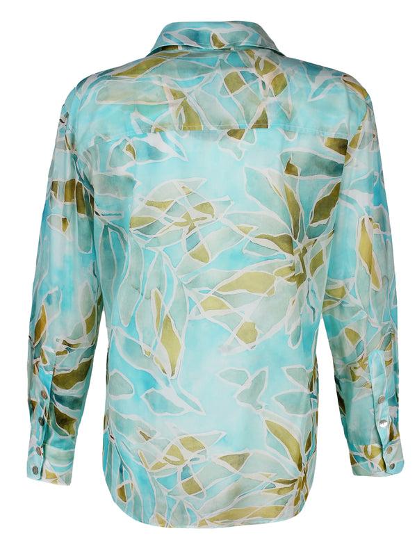 Finley Andie Olive Green Scroll Print Blouse With A Chest Patch Pocket And A Relaxed Contour