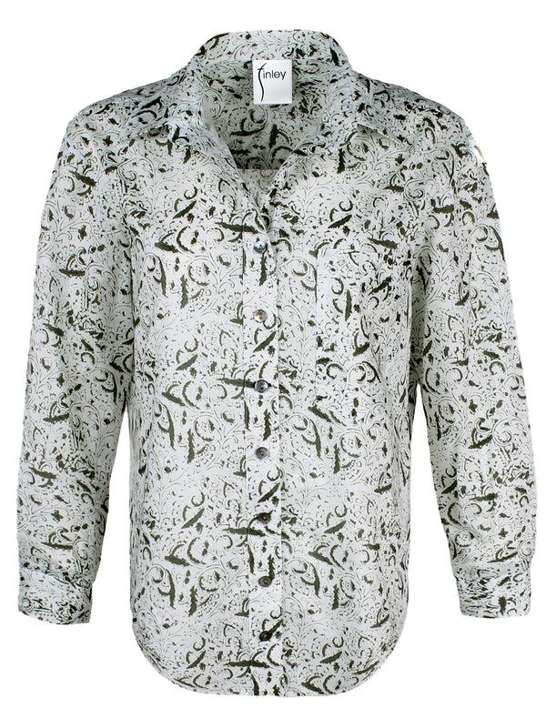 finley Andie Olive green scroll print blouse with a chest patch pocket and a relaxed contour