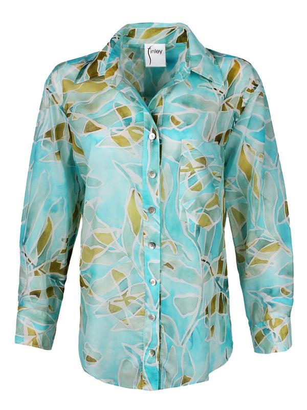 Finley Andie Tropical Blue Blouse With A Chest Patch Pocket And A Relaxed Contour
