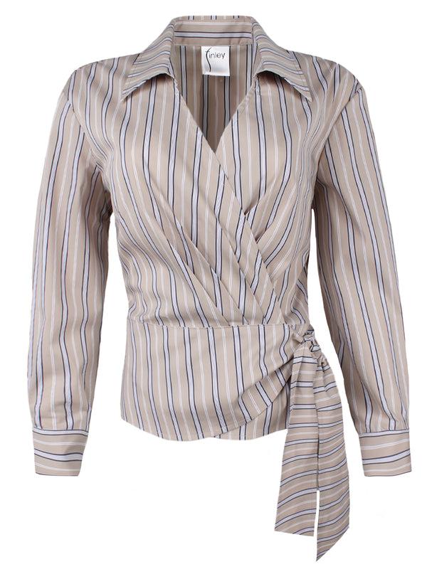 Finley Avalon Long Sleeve Side-tie Wrap Shirt In Cafe Au Lait Stripe