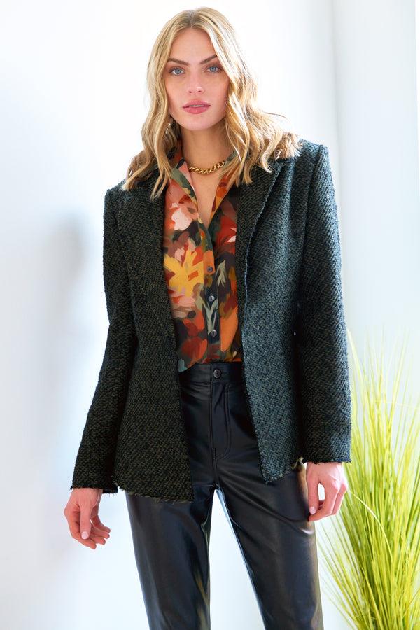 finley Baxter Semi-fitted single breasted tweed jacket with frayed hems in olive & black