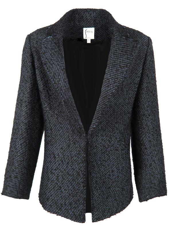 finley Baxter Semi-fitted single breasted tweed jacket with frayed hems in navy & black