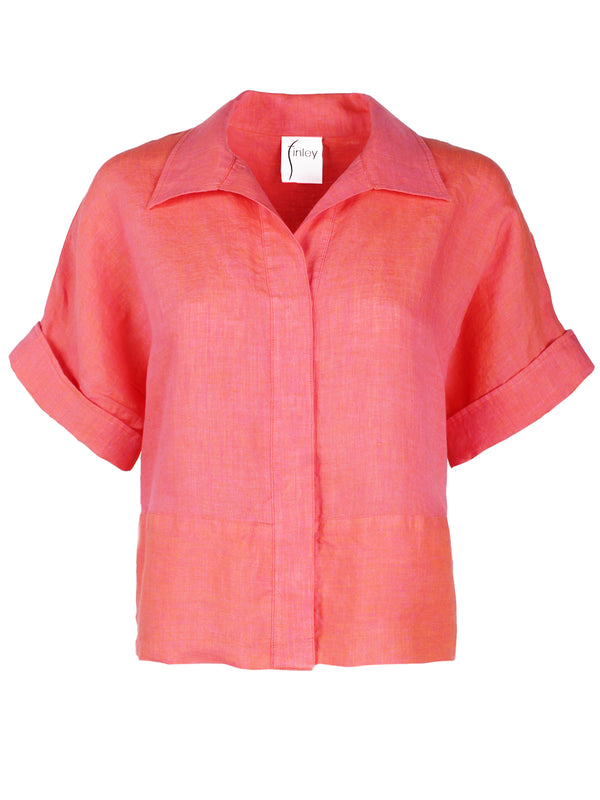 Finley Bennett Peony Pink Washed Linen Cropped Blouse With An Oversize Silhouette