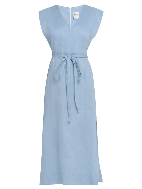 Finley Beverly Dress Light Blue Washed Linen Shirt Dress With Wrap Belt And A Maxi Length