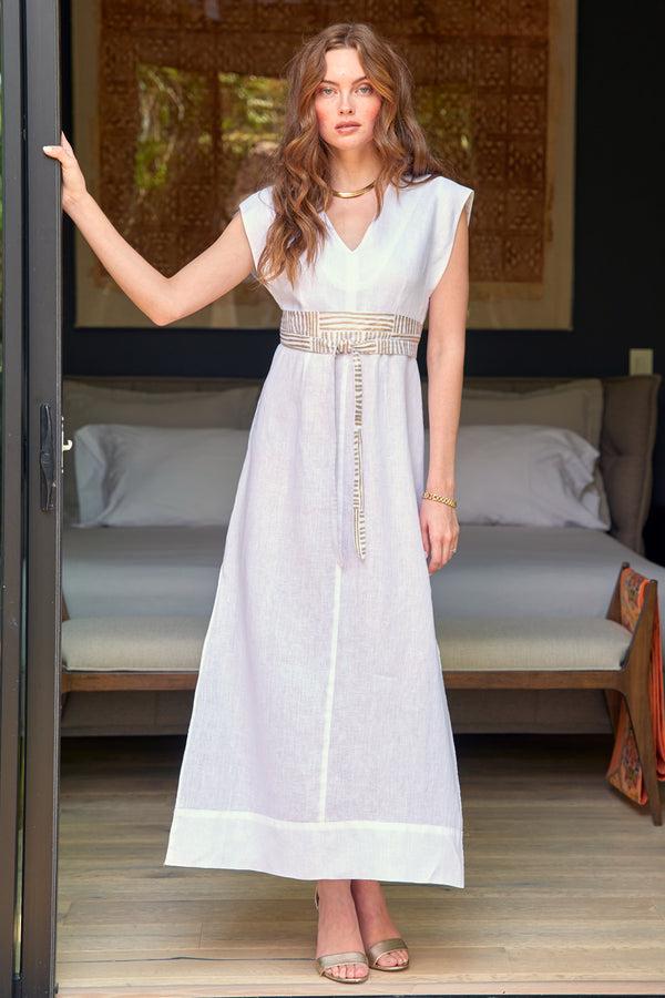 Finley Beverly Dress Navy Washed Linen Shirt Dress With Wrap Belt And A Maxi Length