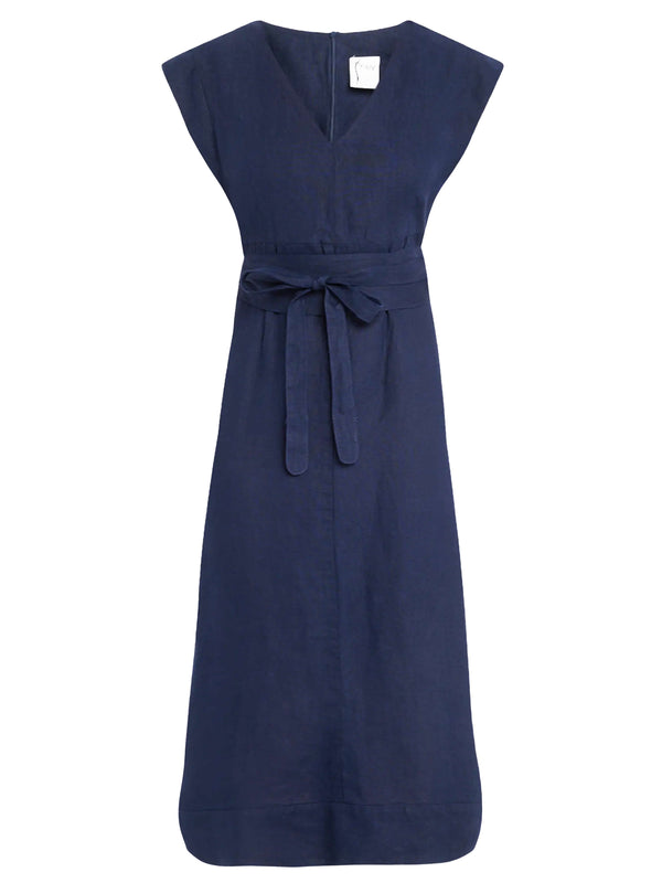 finley Beverly Dress Navy washed linen shirt dress with wrap belt and a maxi length