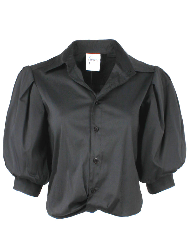 Finley Bomba Black Poplin Shirt With A Front-twist Hem And Short Blouson Sleeves