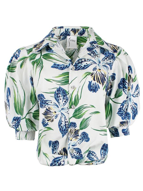 Finley Bomba Iris Floral Print Blouse With A Front-twist Hem And Short Blouson Sleeves