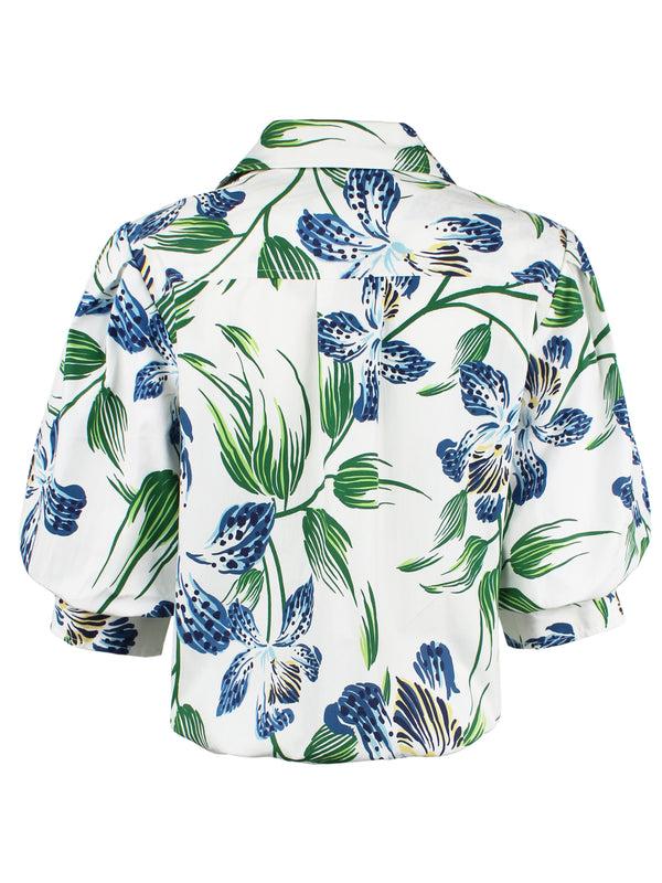 Finley Bomba Iris Floral Print Blouse With A Front-twist Hem And Short Blouson Sleeves