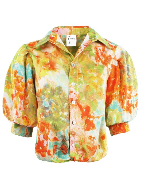 Finley Bomba Monet Floral Print Blouse With A Front-twist Hem And Short Blouson Sleeves