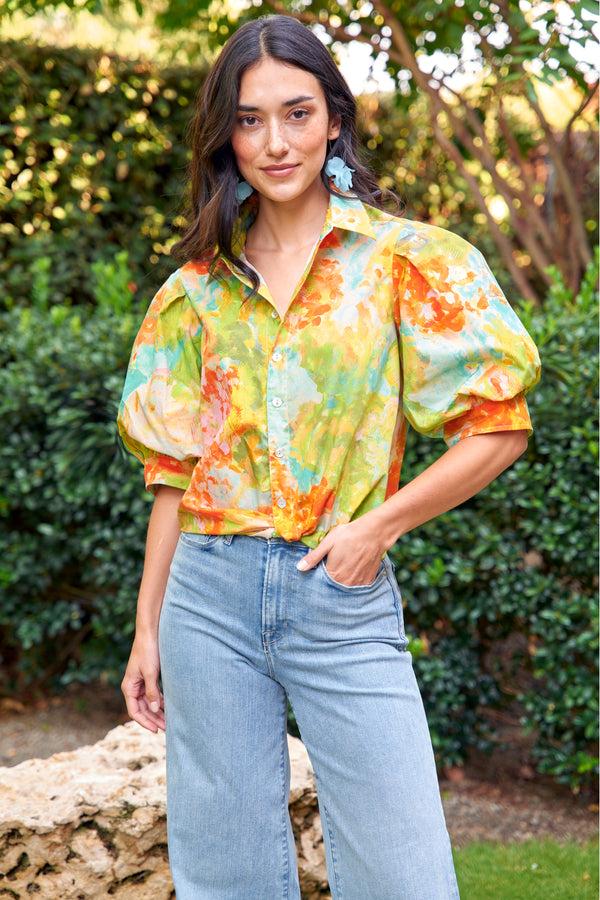 finley Bomba Monet floral print blouse with a front-twist hem and short blouson sleeves