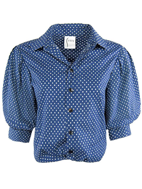 Finley Bomba Navy And White Polka Dot Poplin Shirt With A Front-twist Hem And Short Blouson Sleeves