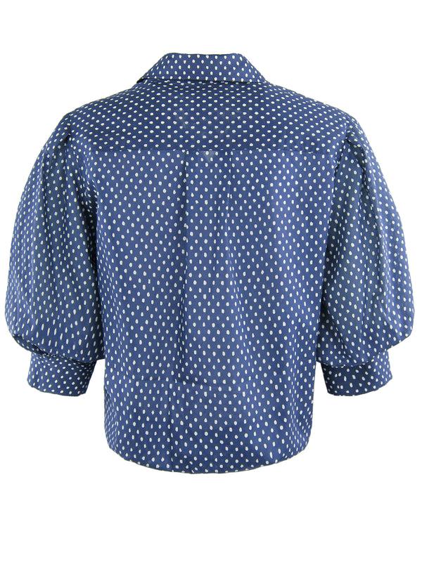 Finley Bomba Navy And White Polka Dot Poplin Shirt With A Front-twist Hem And Short Blouson Sleeves