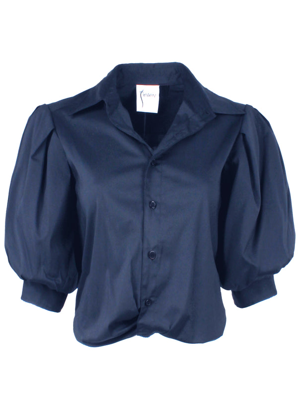 finley Bomba Navy poplin shirt with a front-twist hem and short blouson sleeves