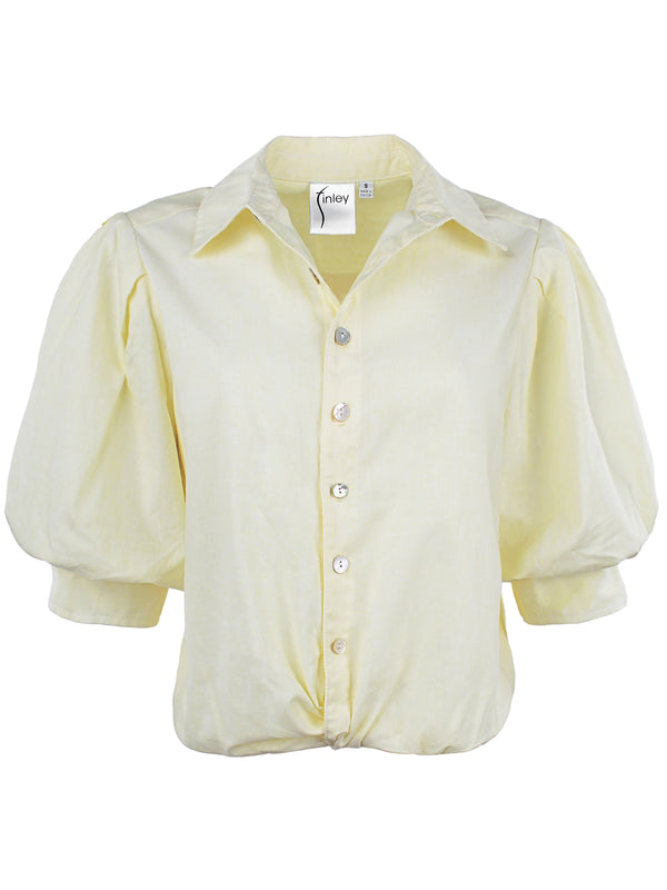 finley Bomba Pale yellow cotton/linen blouse with a front-twist hem and short blouson sleeves