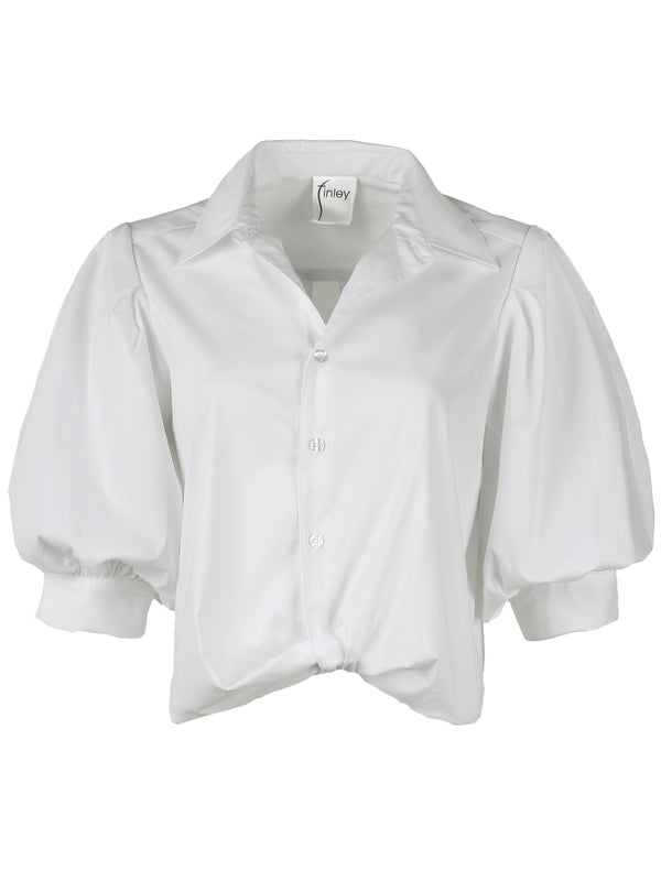 Finley Bomba White Poplin Shirt With A Front-twist Hem And Short Blouson Sleeves