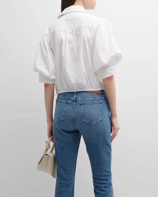 Finley Bomba White Poplin Shirt With A Front-twist Hem And Short Blouson Sleeves
