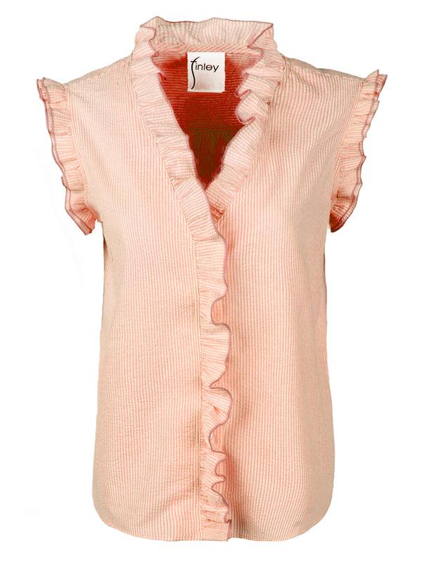 Finley Byrdee Sleeveless Shirt With Ruffle Collar & Sleeve In Orange Seersucker Stripe