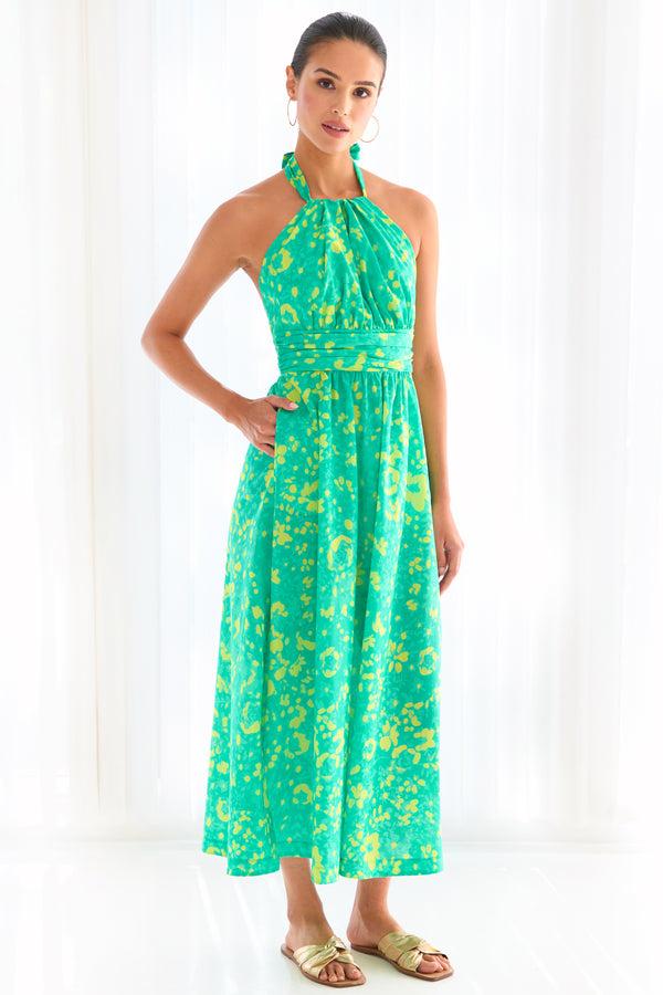 Finley Cameron Cotton Tie Back Halter Maxi Dress With A Back Cut-out And Green And Yellow Floral Motif
