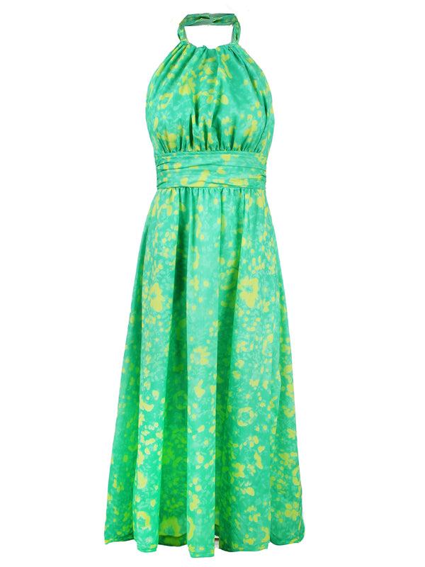 Finley Cameron Cotton Tie Back Halter Maxi Dress With A Back Cut-out And Green And Yellow Floral Motif