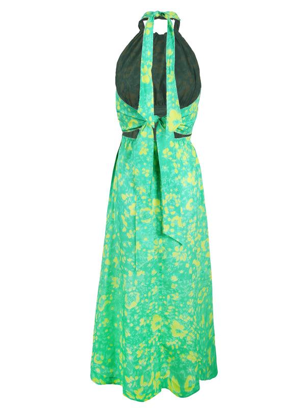 Finley Cameron Cotton Tie Back Halter Maxi Dress With A Back Cut-out And Green And Yellow Floral Motif