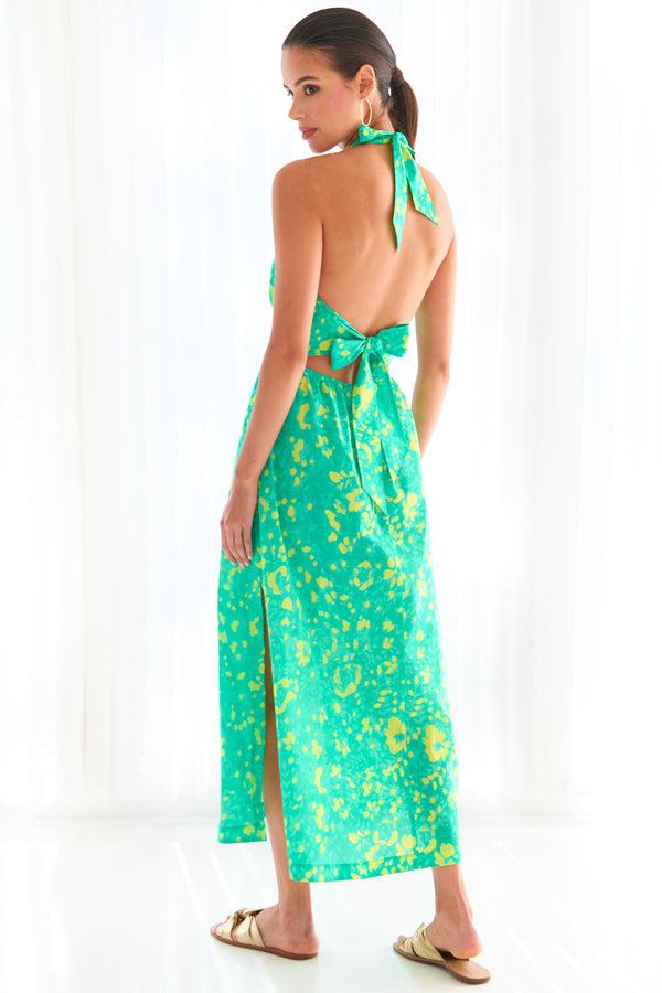 finley Cameron Cotton tie back halter maxi dress with a back cut-out and green and yellow floral motif