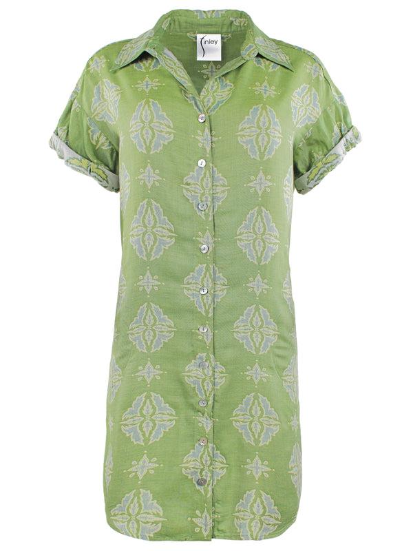 Finley Camp Dress Green And Yellow Jacquard Shirt Dress With Side Pockets And A Relaxed Contour