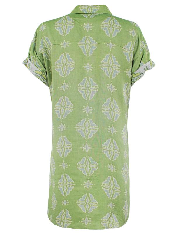 Finley Camp Dress Green And Yellow Jacquard Shirt Dress With Side Pockets And A Relaxed Contour