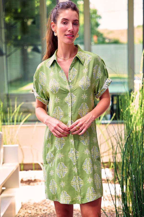 finley Camp Dress Green and yellow jacquard shirt dress with side pockets and a relaxed contour