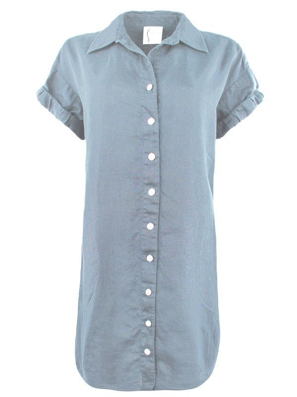 Finley Camp Dress Light Blue Washed Linen Shirt Dress With Side Pockets And A Relaxed Contour