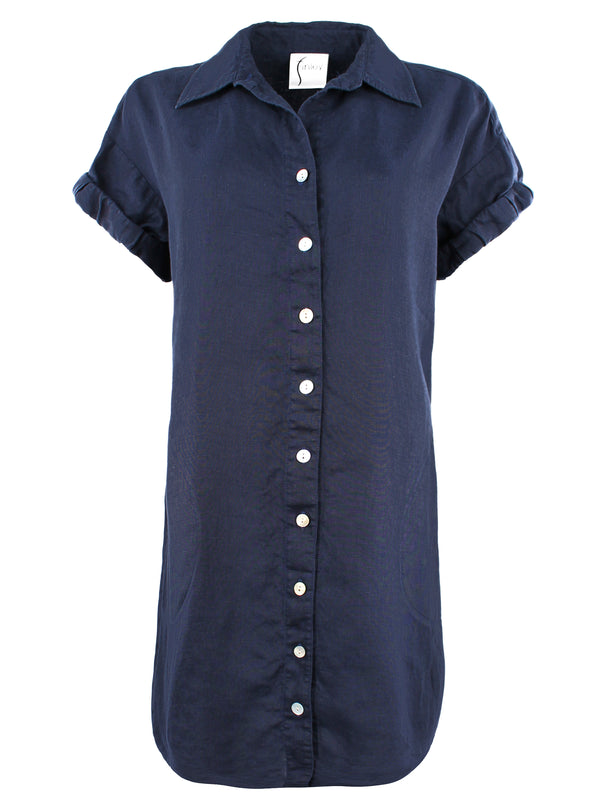 Finley Camp Dress Navy Washed Linen Shirt Dress With Side Pockets And A Relaxed Contour