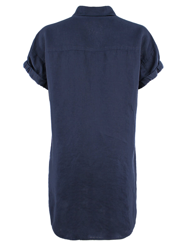 Finley Camp Dress Navy Washed Linen Shirt Dress With Side Pockets And A Relaxed Contour