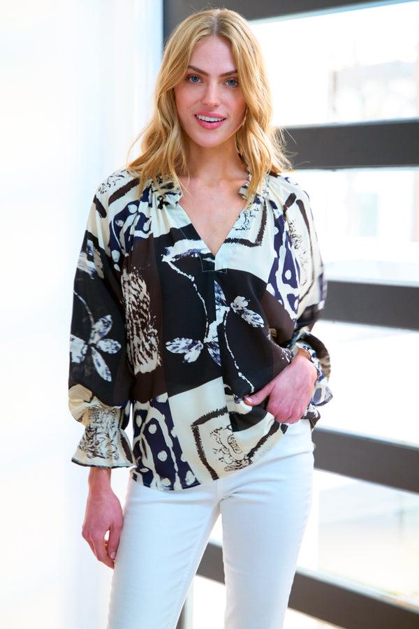 finley Candace Black ivory navy and brown rayon popover top with long blouson sleeves and ruffle detail